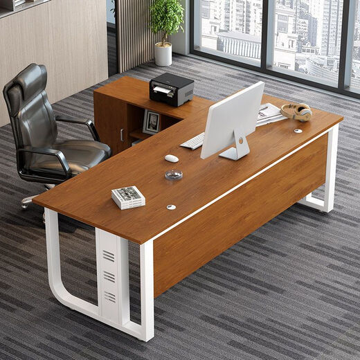 OIMG boss desk office desk simple modern manager executive desk single supervisor president office furniture table and chair combination golden oak desktop + elegant black frame 140*60 single table thickened version