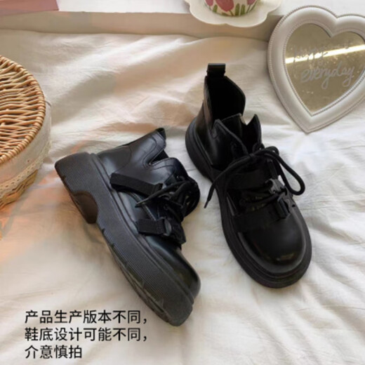 绯垚英伦风马丁靴子女士 春夏季皮鞋厚底高跟平底粗跟黑色短筒骑士靴 37 脚宽脚高拍大一码