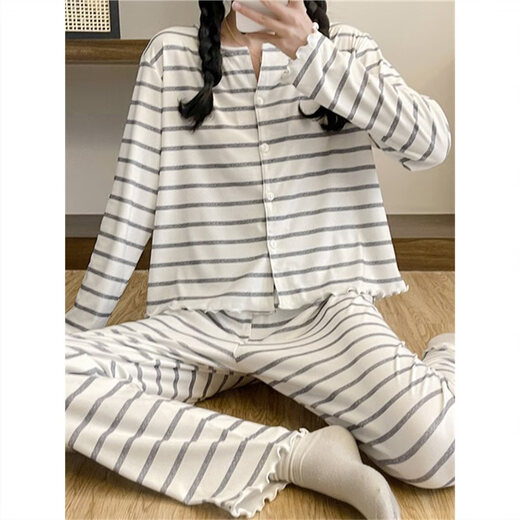 盛束慵懒风睡衣少女2025春秋季新款长袖条纹韩版简约休闲可外穿家居服 12401 M 155-160cm 80-100斤