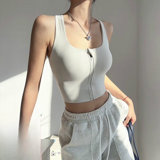 ZHUXIAOPA front zipper shockproof sports bra hollow beautiful back running fitness vest Pilates yoga bra off-white S