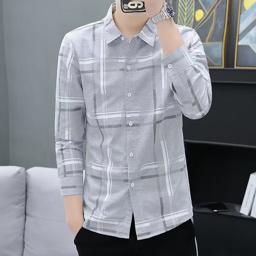 Men's long-sleeved shirt 2025 summer trend plaid casual shirt jacket men's top men's clothing Storm Online 9918 gray 2XL