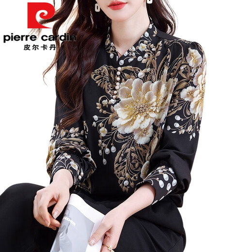 皮尔卡丹（pierre cardin）雪纺衬衫女士装春秋冬季2025年新款洋气上衣减龄妈妈小衫长袖衬衣 黑色《今年流行别致漂亮上衣欧货 3XL (140-150斤)