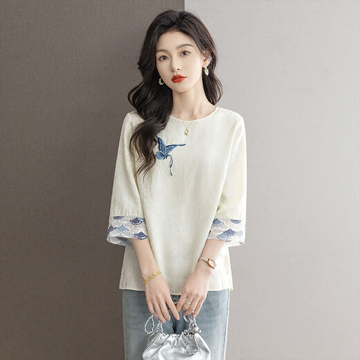 Sibaishe New Chinese Style Shirt 2026 Spring New Women's National Style Loose Style Spliced Round Neck Shirt