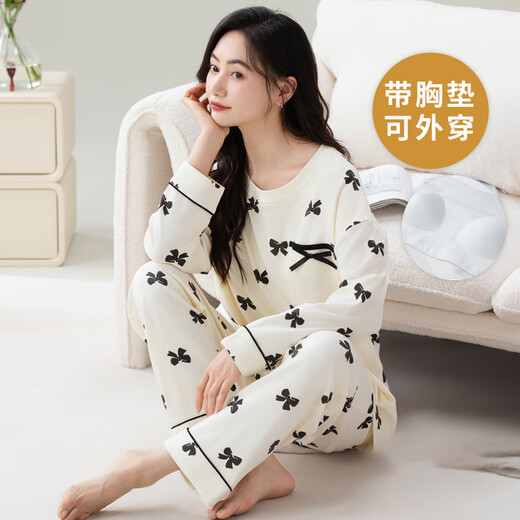 禾回春秋季自带胸垫一体长袖睡衣套装大码胖MM200斤家居服棉女可外穿 HRY1047 M (建议75-95斤)