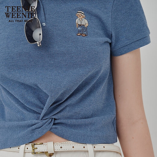 Teenie Weenie小熊POLO衫女2025年夏新款刺绣时尚舒适花纱刺绣短袖T恤女 浅蓝色 L