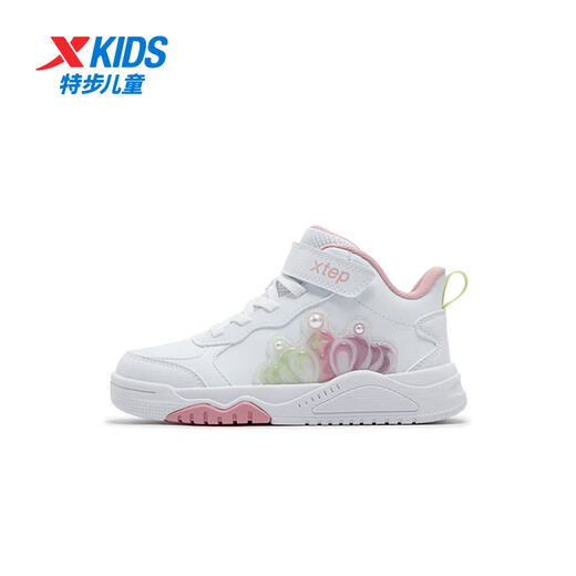 特步童鞋儿童板鞋女童小童革面皇冠装饰防滑耐磨缓震高帮魔术贴板鞋 特步白/复古粉 31