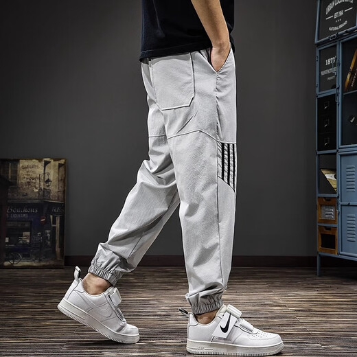 Guxiansen striped ice silk casual pants for men's summer thin sports Harem pants trendy brand loose tying feet nine-point pants light gray XL [130-150Jin [Jin equals 0.5 kg]]