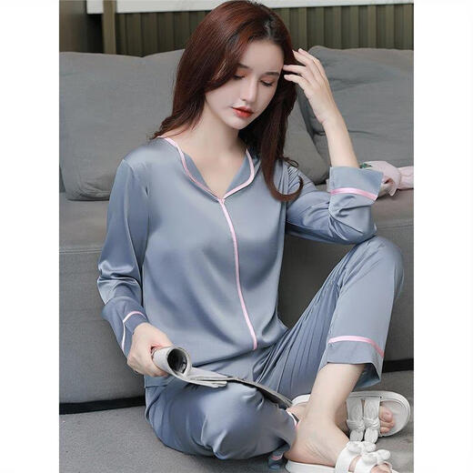 
GPHF Japanese light luxury ice silk casual pajamas women's spring and summer high-end 2025 new summer nightgown home clothes 9901 silver grey [long-sleeved trousers] L