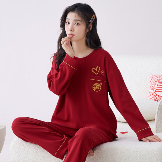 猫人蛇年睡衣女士春秋季纯棉长袖100%全棉家居服冬红色本命年V领套装 9227 2XL ( 建议体重130-160斤）