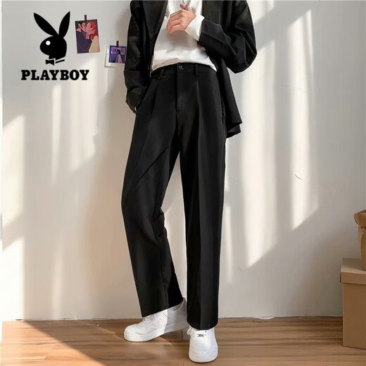 Playboy (PLAYBOY) Draped Suit Pants Men's Spring and Autumn Solid Color Straight Leg Loose Suit Pants Youth Wide Leg Pants Draped Casual Pants Black 3XL