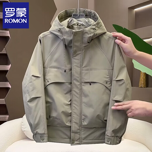 Romon Jacket Men's 2025 Spring and Autumn New Men's Hooded Loose Jacket Fashionable Popular Windproof Work Clothes Khaki Green XL 135-155Jin Jin is equal to 0.5 kg