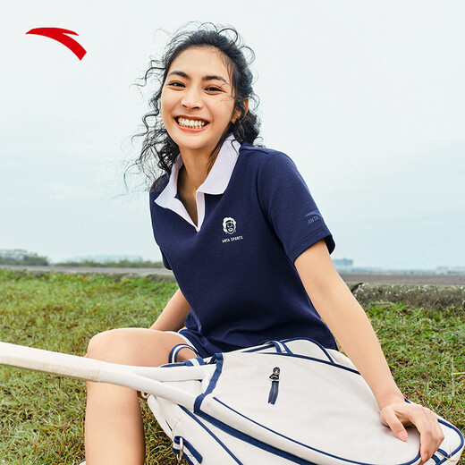 Anta [Gleicher Stil wie Zhang Yufei] Lapel-Freizeitanzug für das Kurzärärmel-T-Shirt-Shorts für Frauen im Sommer College zweiteiliger Sportswear Maya Blue-2 S