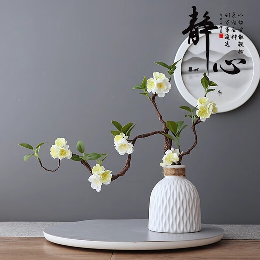 MPPMCK Zen Chinese style simulation flower living room decoration flower arrangement entrance hall fake plum blossom peach blossom floor ornaments linen rope white vase