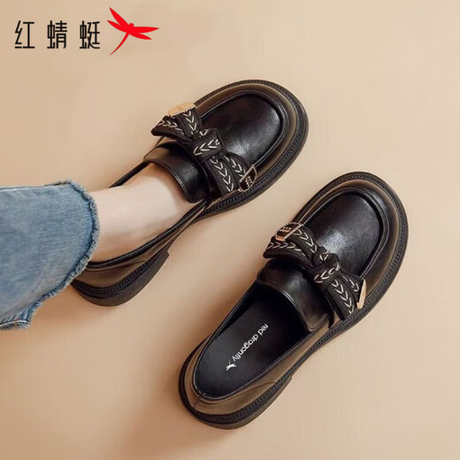 Red Dragonfly Mocassins Femme 2025 Nouveau Printemps et Automne Britannique Petites Chaussures en Cuir Véritable Semelle Souple Semelle Épaisse Chaussures Simples Noir 37