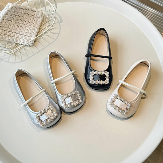 Children's Leather Shoes Children's Leather Shoes 2025 Spring and Autumn New Girls Korean Style Pearl and Rhinestone Princess Shoes Beige / Inner Length 16.3cm 26