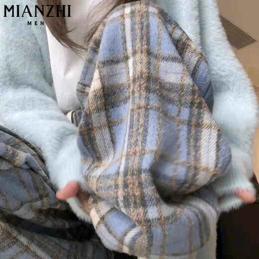 棉致毛呢格子裤子女春秋季新款宽松阔腿高腰运动休闲卫裤 687红色【不加绒高品质】 M 90-100斤