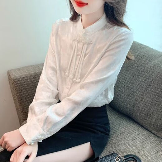 配马面裙的上衣新中式国风盘扣打底衬衫女秋冬2023气质加绒加 白色常规款 9902 L ·L
