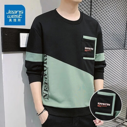 Jeanswest sweatshirt men's spring and autumn round neck loose pullover hoodless 2026 new spliced ​​bottoming shirt long-sleeved t-shirt for men 21116 grass green 2XL