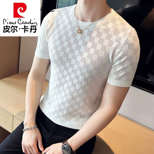 Pierre Cardin marca de alta gama Ice Seda Cool Cool Hollow Camiseta de manga corta Camiseta de manga corta White Slim Light Luxury Chess Camiseta a cuadros Plaid Gam-T9756 Camiseta de manga corta de cuello redondo W BLANCO L TISO RECOMENDADO 110-125 JIN [JIN EQUIVA 0.5 kg]