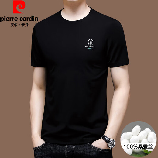 Pierre cardin high-end brand summer 2025 new high-end embroidered short-sleeved top thin round neck cool ice silk T-shirt khaki [Ti13062] L 170 [suitable for weight 120-135Jin [Jin equals 0.5 kg]]