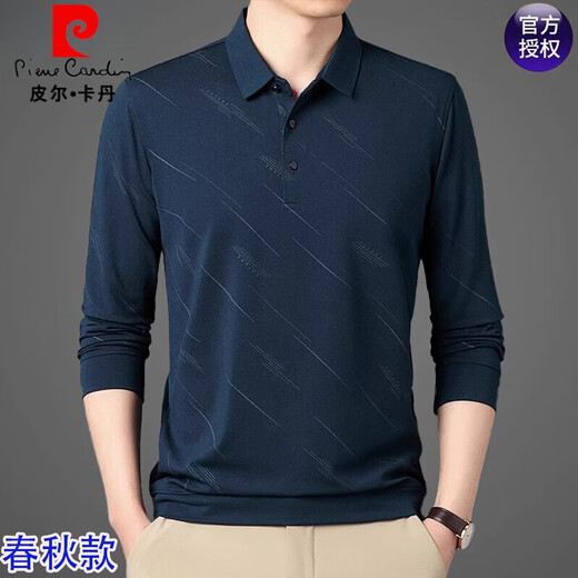 皮尔卡丹（pierre cardin）t恤长袖男士2025春秋季新款中年商务休闲男装薄款爸爸印花体恤衫 藏青826 L 170 建议【120-140斤】