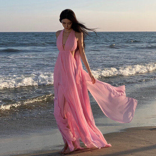 Xierwei Französisch Schöne Pink Fairy Streamer Halfterhalter Kleid Feel romantische Hollow Slit Urlaub Strand Langer Rock 9766 Streamer Langer Rock S S