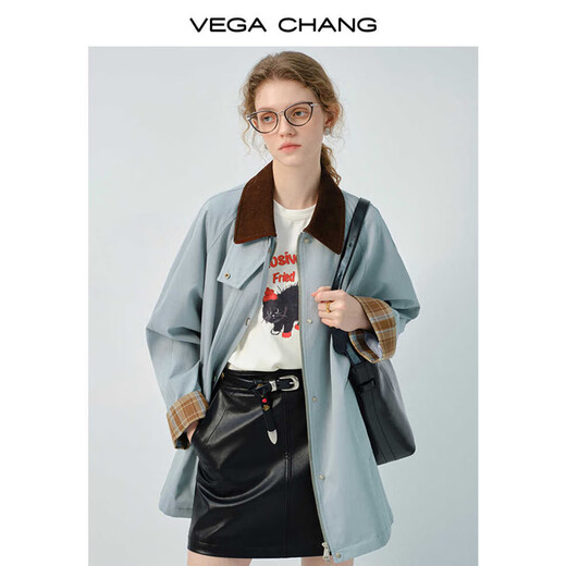 VEGA CHANG风衣女2025新款春季撞色拼接设计美式户外感外套上衣 灰天蓝 M