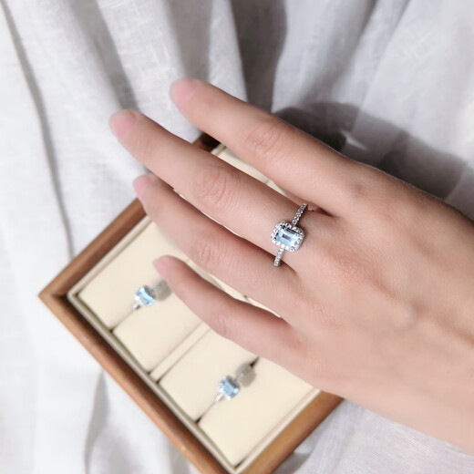 Library selection of emerald cut topaz, aquamarine, morganite, tourmaline, tanzanite classic surround set with 925 silver Seiko ring, aquamarine, adjustable opening