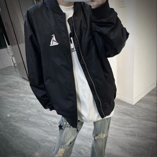 夹克男外套春秋美式高街网红同款纯色帆船棒球服休闲潮牌百搭上衣 黑色-淘梦-W727 L