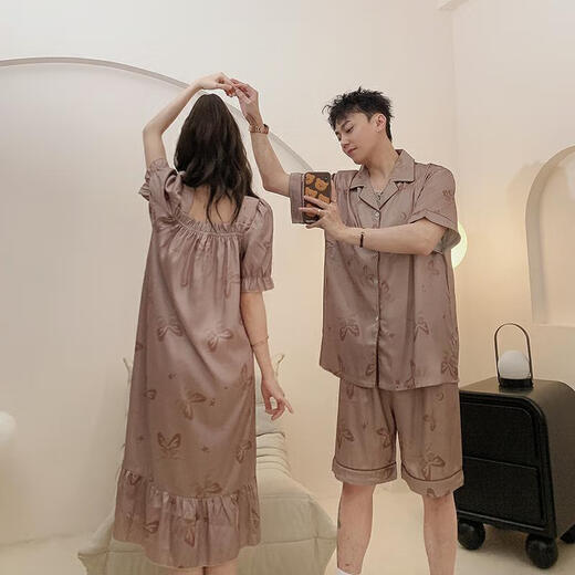 旭杉斯情侣睡衣一男一女夫妻两件套买一一女夏季短袖睡裙可爱休闲男士 kad13076吊带裙至13077 M  女+男L