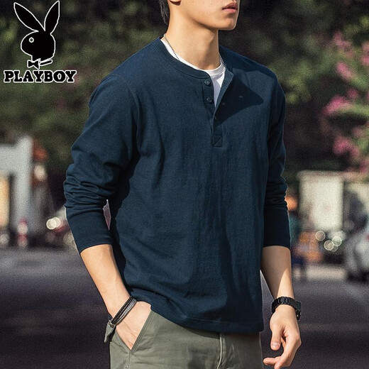 Playboy American Retro Henley Long Sleeve T-Shirt Men's 2025 Spring 250g Pure Cotton Side Seamless Henley Collar Bottoming Shirt Denim Blue 250g Pure Cotton 2XL Reference 170-195Jin Jin is equal to 0.5 kg