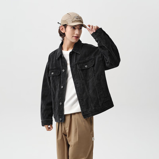 森马（Semir）森柔牛仔|夹克男复古牛仔外套春季时尚绣花工装宽松翻领上衣 牛仔水洗黑98201 L