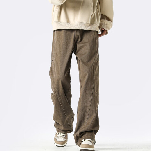 Homlean American jeans men's autumn niche fashion brand street loose casual workwear long pants LB03 coffee color XL