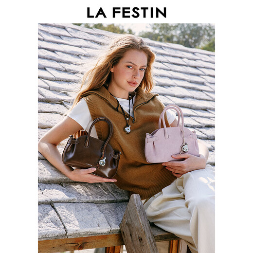 Lafitin Cadeau du Nouvel An en Daim Fat Pot 2025 Nouveau Bowling Commuter Sac à bandoulière Portable Boston Bag Daim Fleur de Cerisier Rose (Petite Taille)