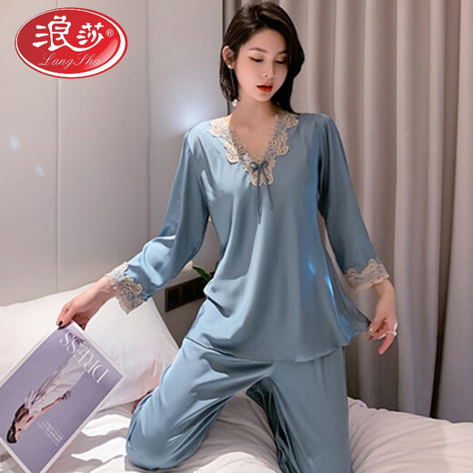 Langsha Ice Silk Pyjamas für Frauen Langarmdünn dünne süße Pullover Frühling und Herbst Imitation Seiden Sommer Sexy Privates zweiteiler dunkelblau 12186 m