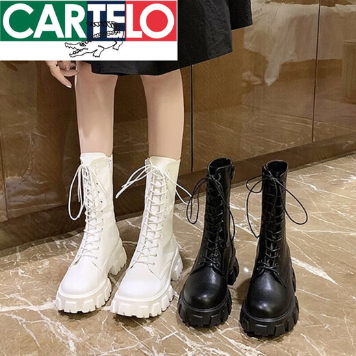 Картоловые маленькие усиленные ботинки Martin British Style High Top Women's Women 2025 Spring и осенняя толстая единственная сапоги белые ботинки в середине труба черные 37