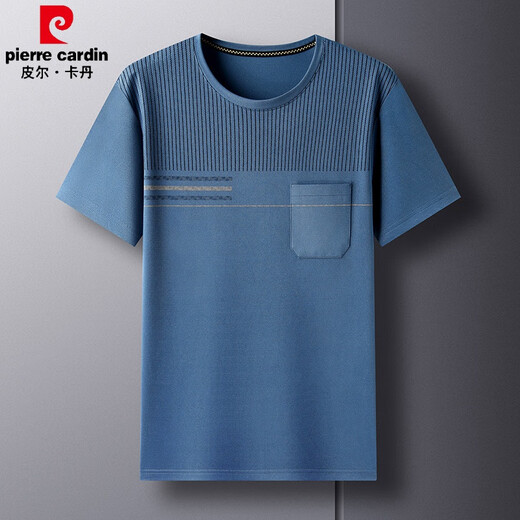 Pierre cardin summer men's round neck striped short-sleeved T-shirt pocket loose casual top new half-sleeved middle-aged dad men's clothing TC-short-sleeved-691 navy blue 4XL 190/195-210Jin[Jin equals 0.5 kg]