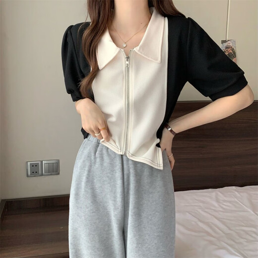Duoxian Duoxuansuoa Original großer Frauen kurzärmelig für Frauen, die Farben kontrastieren, die französische koreanische Version Fat Girl vielseitiges Hemd bedecken, um Fleisch zu machen, damit sie schwarze Aprikots 9226 L 100-120jin aussieht [Jin gleich 0,5 kg]