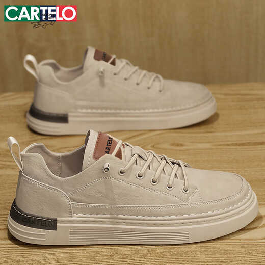 CARTELO crocodile shoes men's 2025 autumn and winter casual shoes men's shoes fashionable British style leather shoes trendy soft sole shoes beige 43