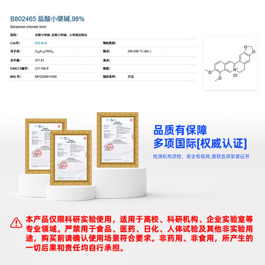 Macklin Berberine Hydrochloride CAS 633-65-8 B802465-1g