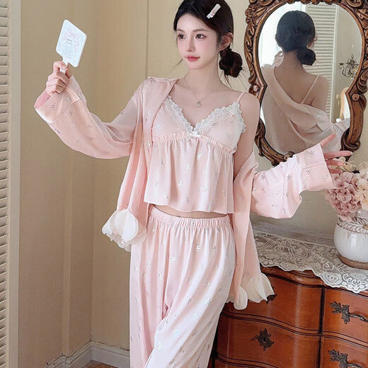 依曼安2025花瓣睡衣女冰丝胸垫新款吊带开衫四件套家居服套装春秋可外穿 1278 蓝色 【四件套】 M （80-100）斤