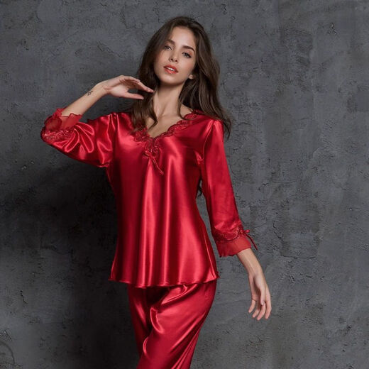 Mu Fengqing Ice Seiden Nachthemd Frauen Zwei-teilige Spitze V-Ausschnitt sexy Frühlings- und Sommer-Langarm-Hosse-Hossed-Simulations-Simulierten-Pyjamas für Frauen mit langärztem 9856 hellrosa Set M [80-100jin [Jin gleich 0,5 kg]]]