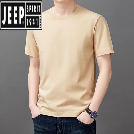 吉普（JEEP）纯棉短袖t恤男士夏季薄款时尚简约纯色上衣潮流休闲体恤衫男T 9929咖啡色 M 165【90-110斤】