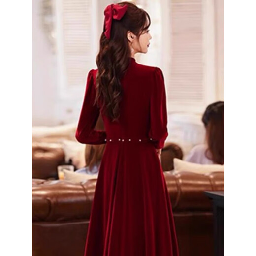 燕浔高级感酒红色连衣裙女秋冬晚宴结婚订婚敬酒礼服连衣裙别致 酒红色 XL