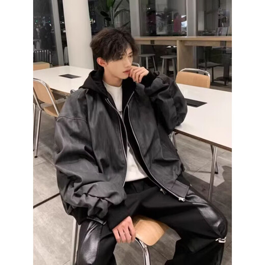 Yiran presents jacket men's autumn and winter high street fashion handsome hunting suit fake two-piece design baseball uniform hooded casual jacket for men black XL recommended 120-140Jin Jin equals 0.5 kg