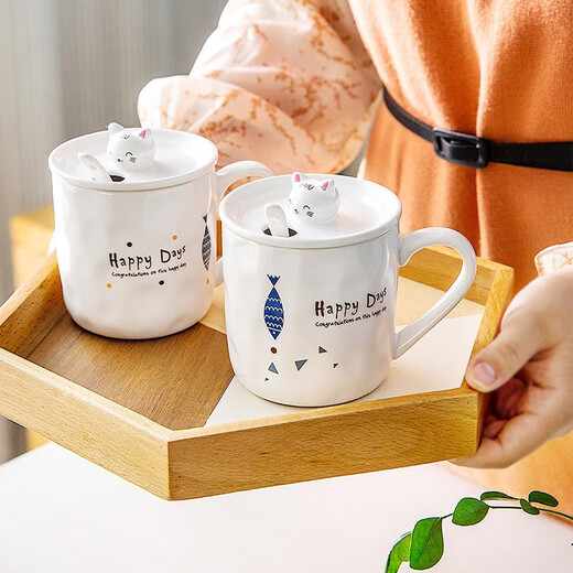 Porcelain soul ceramic mug with lid and spoon cup coffee cup couple tea cup men and women large capacity water cup kitten cup