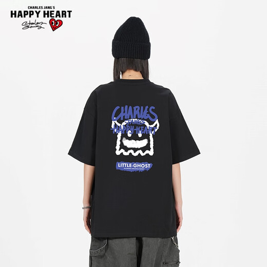 T-shirts Charles Peach Heart pour hommes et femmes, petit monstre imprimé en coton pur couple de base de base de base courte, noir m