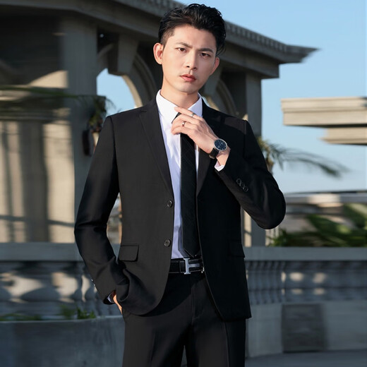 凌卡戚西服套装男士商务西装修身西装全套男职业正装新郎伴郎结婚礼服 (2件套)黑西装外套+白衬衣 L (1105-125斤)
