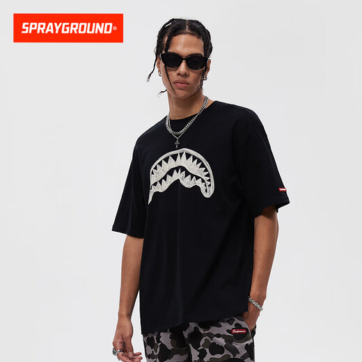 SPRAYGROUND2025夏季鲨鱼嘴大Logo印花裂纹美式休闲短袖T恤 男女同款半袖 黑色 L