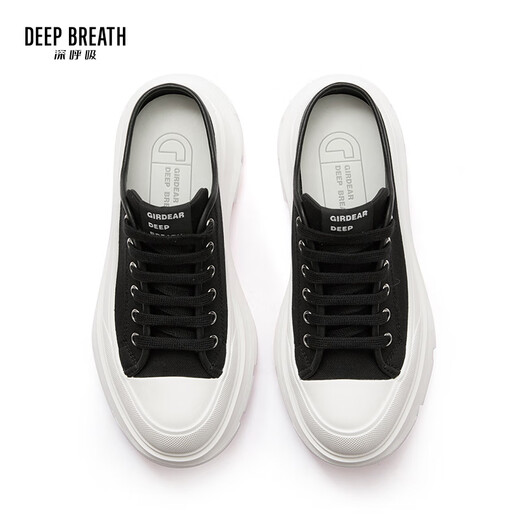 DEEP BREATH深呼吸女鞋包头半拖外穿波浪厚底帆布鞋穆勒鞋AX12250 黑白 35